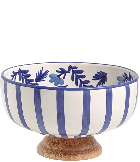 MUD PIE BLUE WOOD PEDESTAL BOWL
