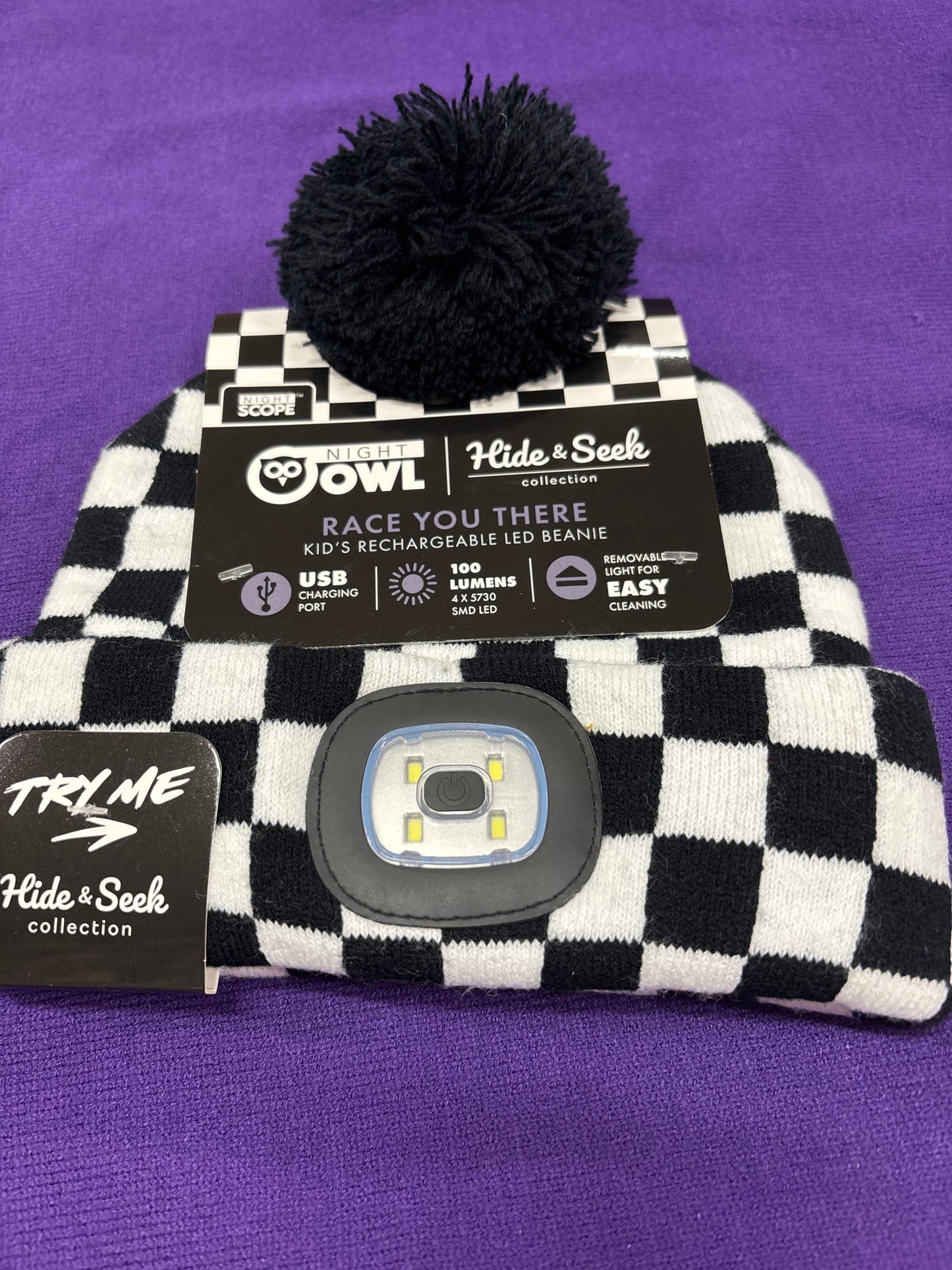 KIDS RECHARGABLE LED BEANIE-BLK/WHITE CHECKERED