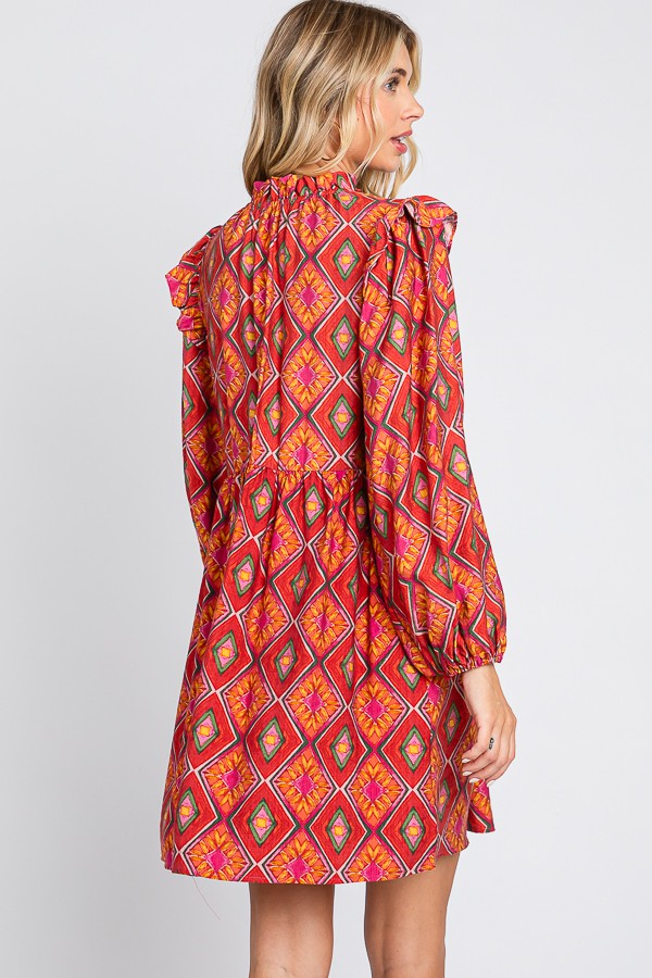 GEE GEE GEOMETRIC PRINT DRESS-RED MULTI