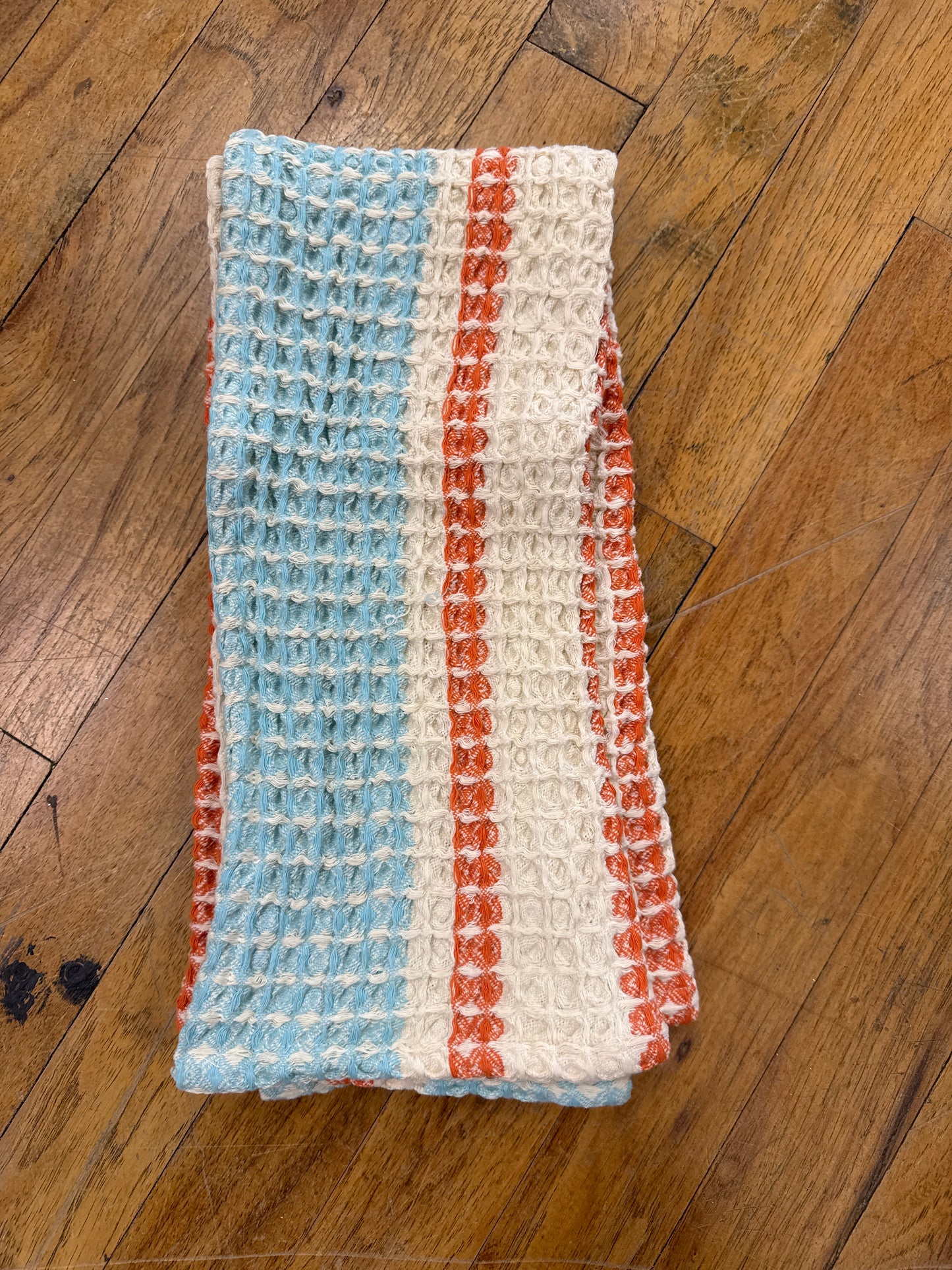 WOVEN COTTON WAFFLE TEA TOWEL -BLUE/ORANGE
