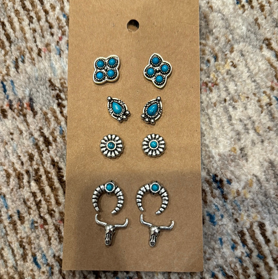 SET OF 6 SILVER -TURQ EARRINGS-LH