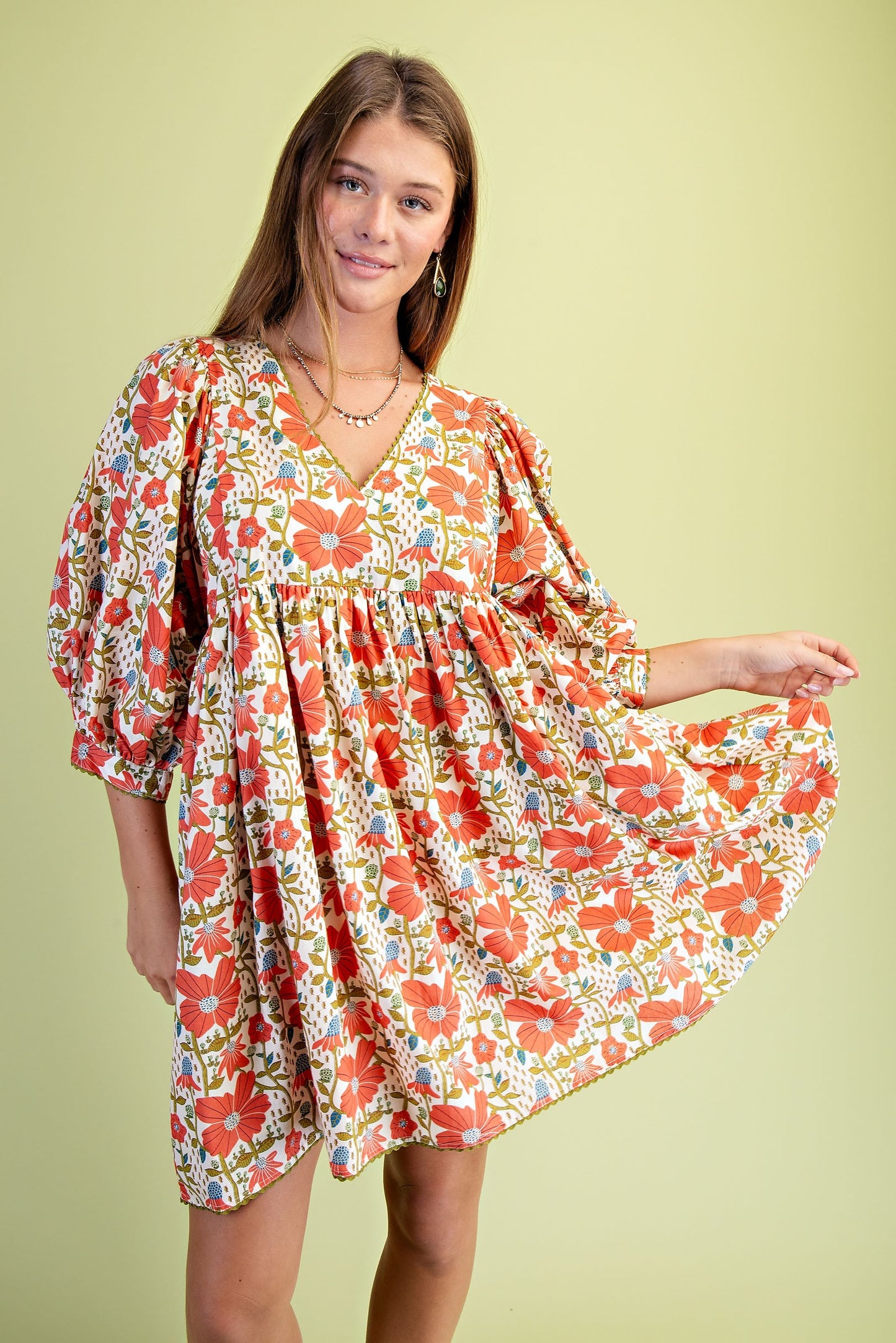 FLORAL PRINT MINI DRESS WITH PUFF SLEEVES-CORAL