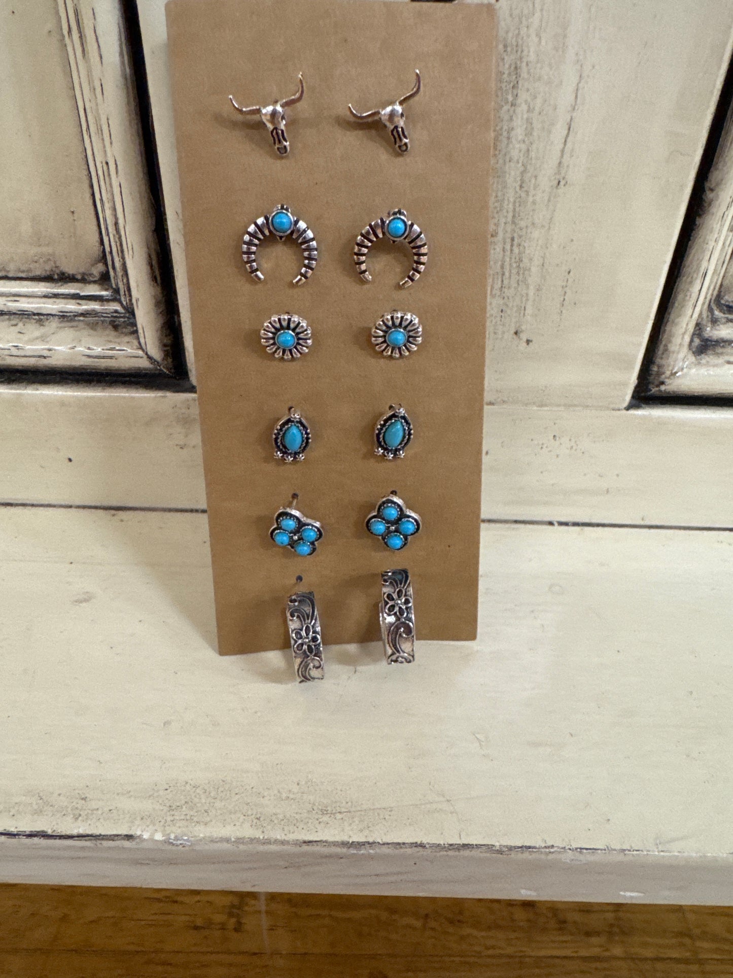 TIPI SET OF 6 SILVER/TURQUOISE SCROLL HOOP/COW HEAD