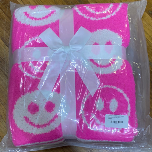 COMFY LUXE SMILEY FACE BLANKET-NEON PINK