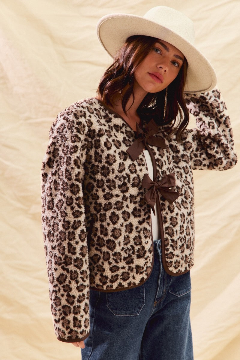 SO ME LEOPARD SHERPA FLEECE JACKET W/BOW TIE