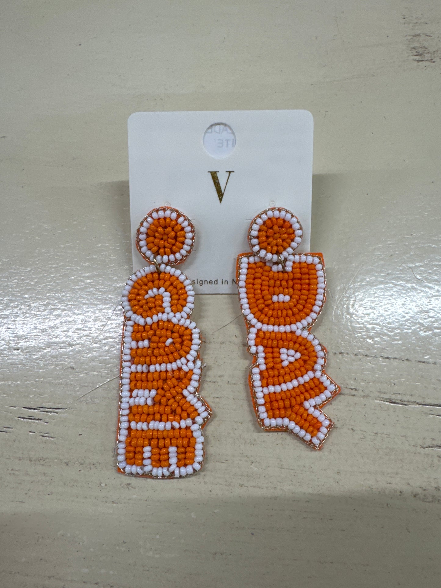 GAME DAY BEADED EARRING-ORANGE/WHITE