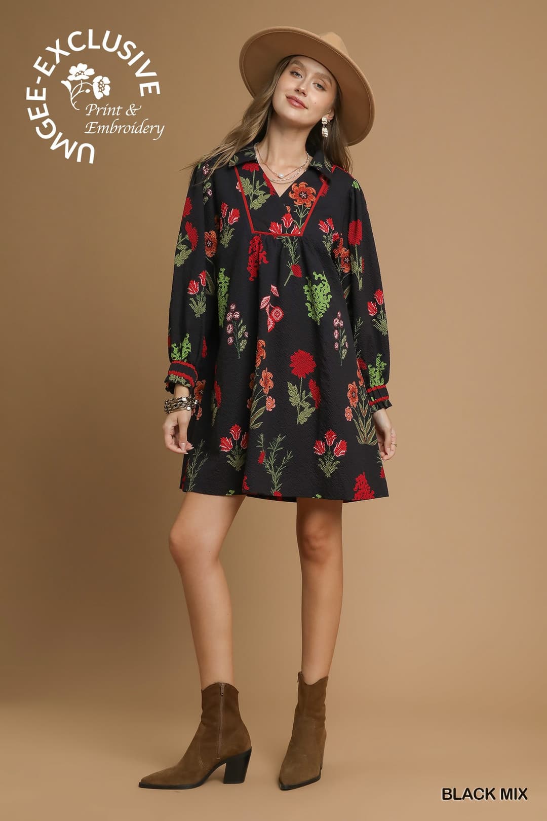 umgee black embroidered dress Umgee Black/ Multi Embroidered Short Sleeve Dress Small