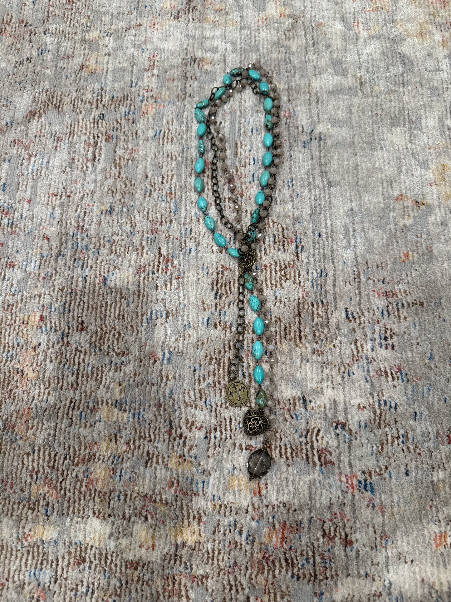 LONG TURQ/BEADED CHARM NECKLACE