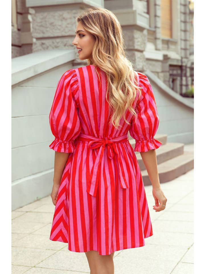 LITTLE DAISY CLOSET- RED/PINK STRIPE DRESS