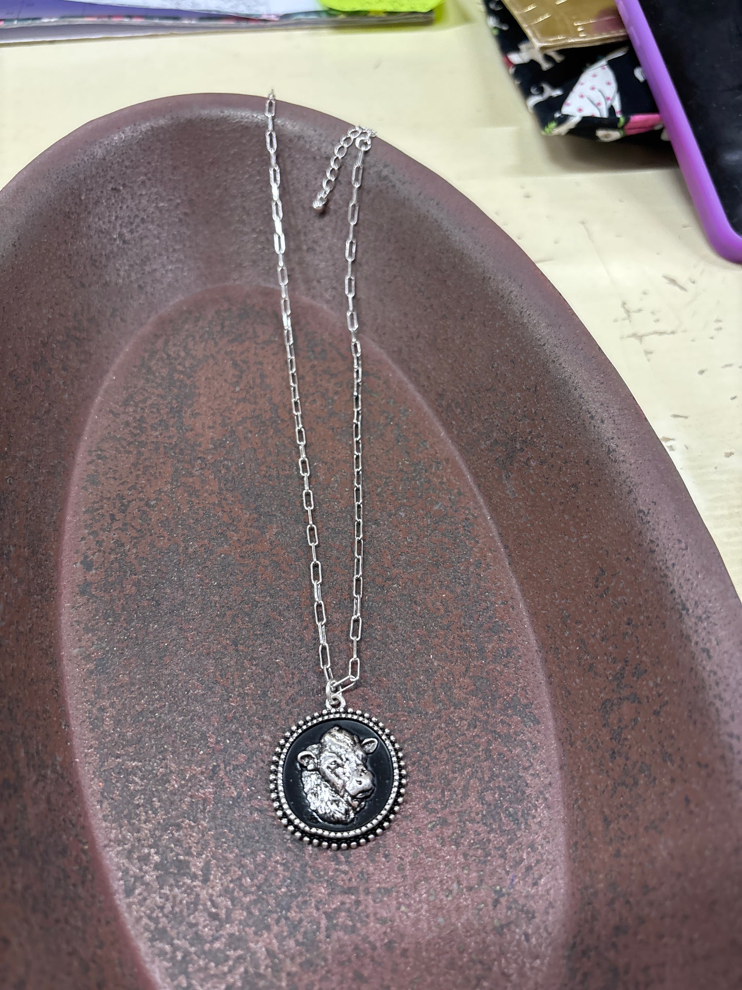 SILVER 10" COW HEAD CHARM NECKLACE