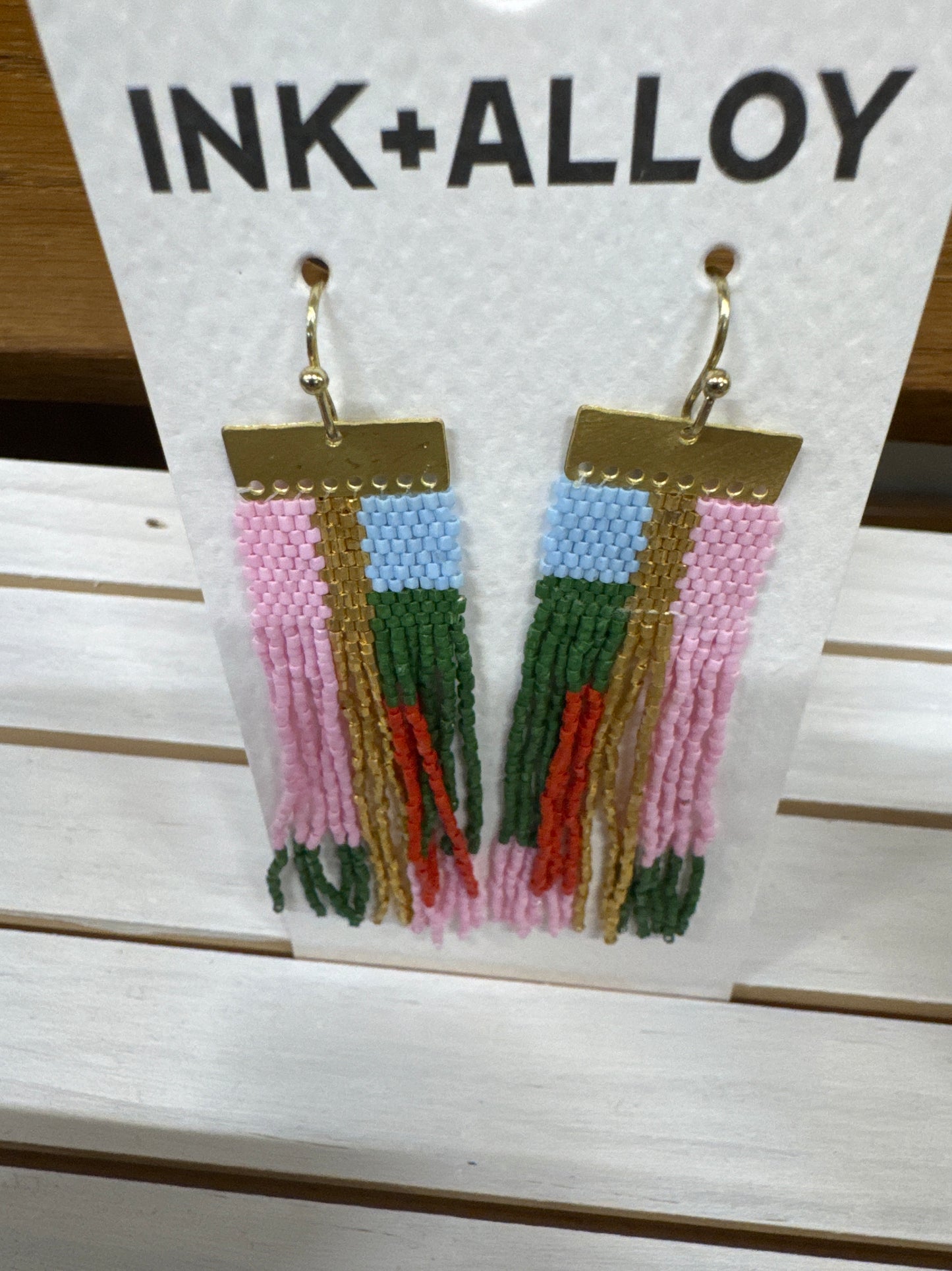 INK & ALLOY-MCKENZIE BRASS BAR EARRINGS-PINK/OLIVE