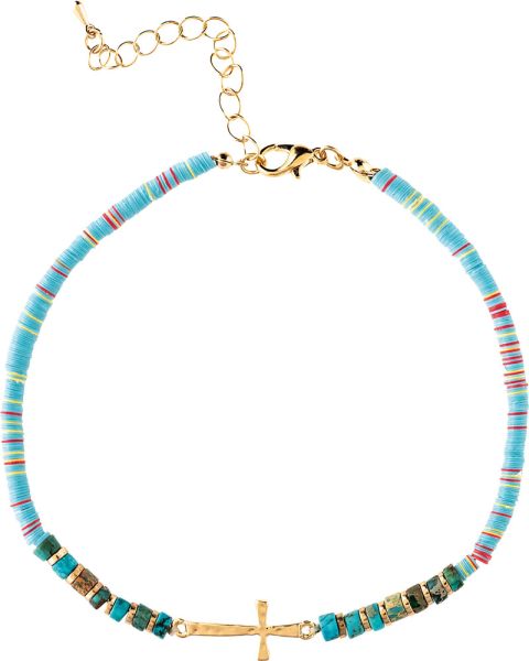 RAIN BLUE BEAD ANKLET-SIDE CROSS-GOLD