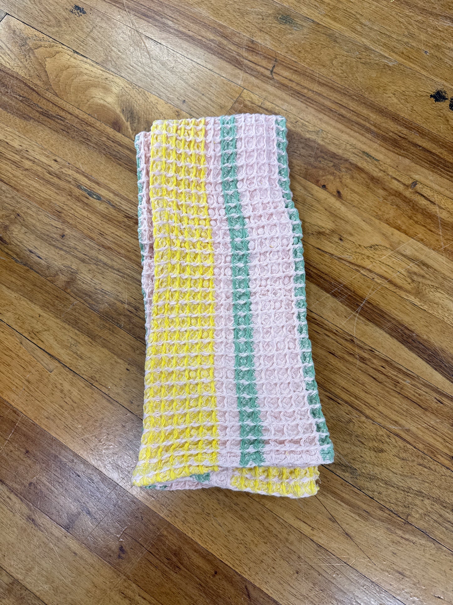 WOVEN COTTON WAFFLE TEA TOWEL-YELLOW-PINK-GREEN