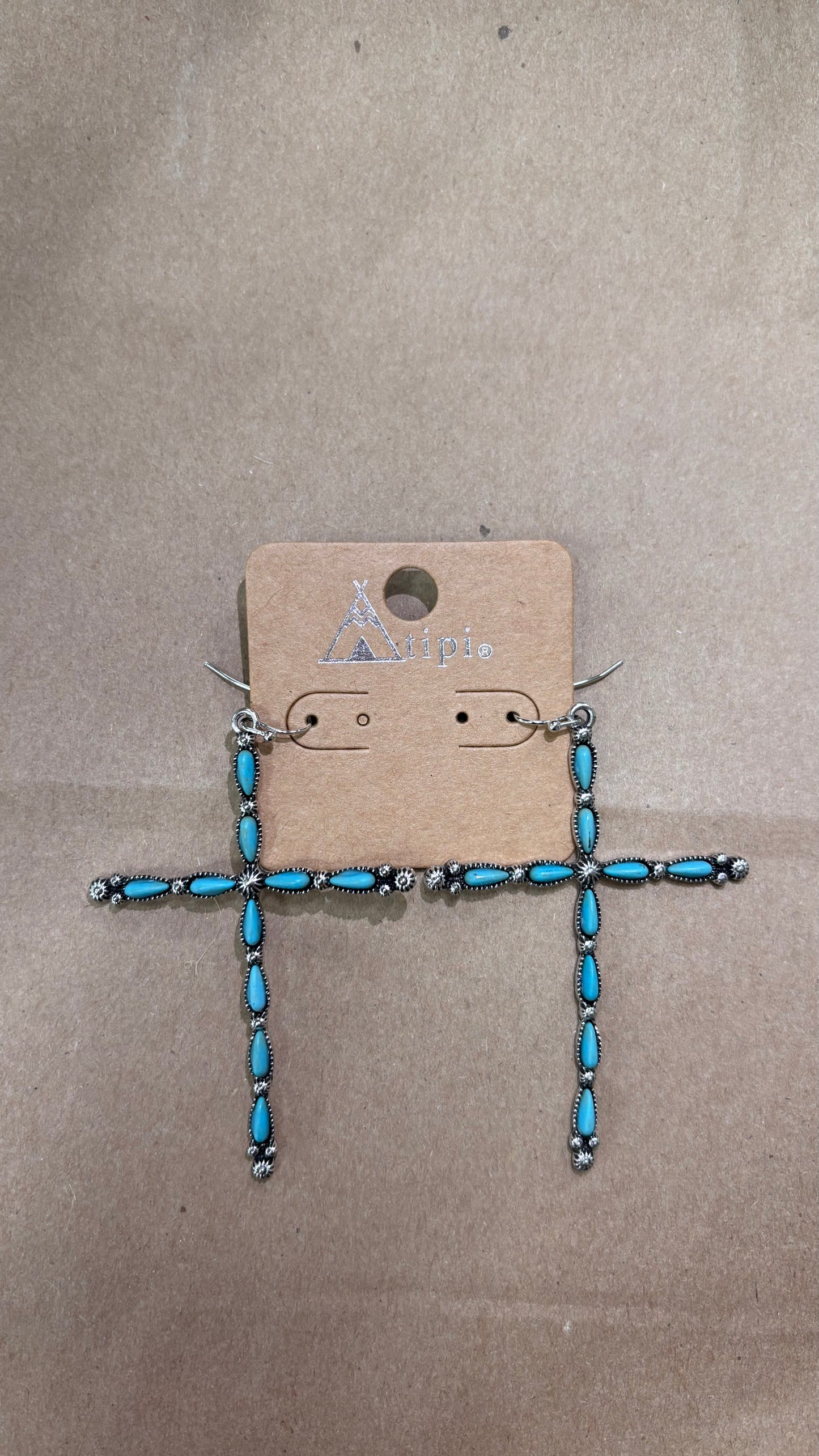 TIPI WESTERN CROSS TURQUOISE STONE DANGLING EARRINGS