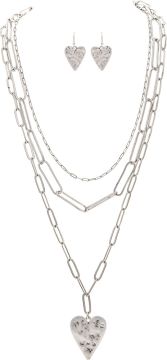 RAIN-CHAIN LINK HEART CHARM NECKLACE SET-SILVER