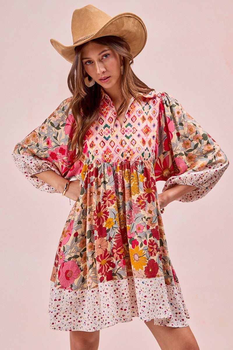 BIBI MIX PRINT BUBBLE SLEEVE DRESS