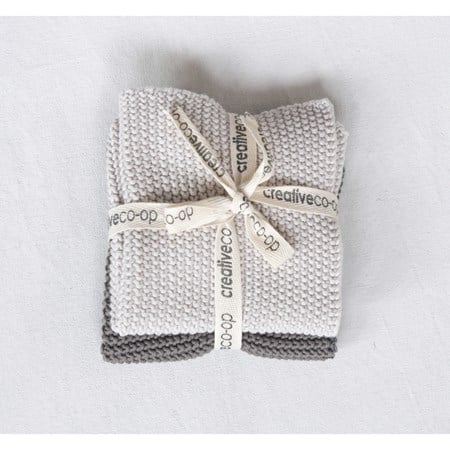 COTTON KNIT DISH CLOTH-SET OF 2-GRAY/CREAM