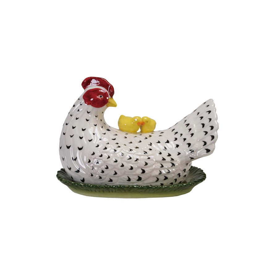 8'L HAND-PAINTED STONEWARE HEN BUTTER DISH