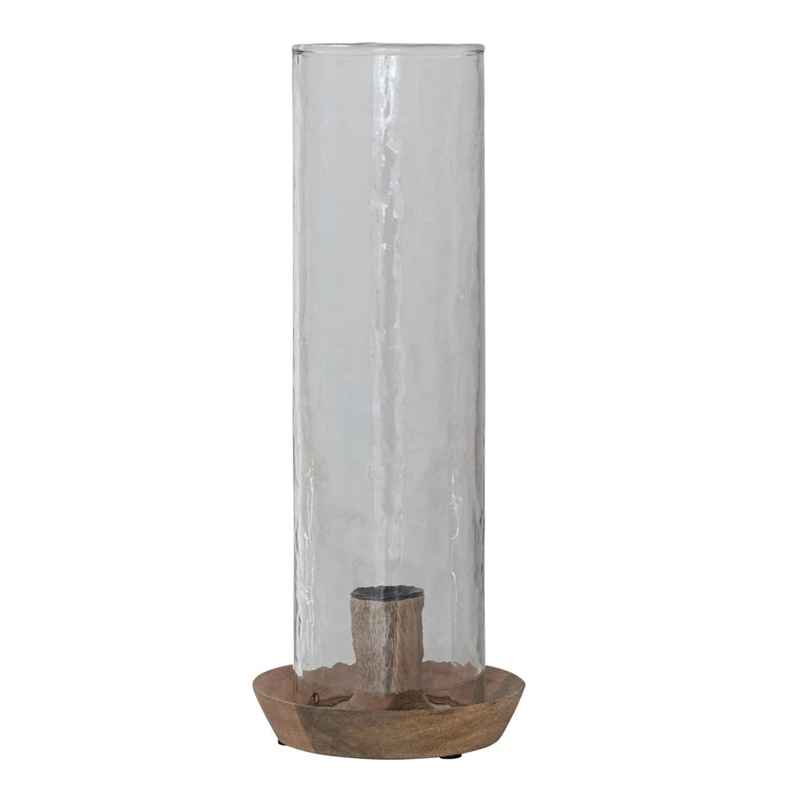 MANGO WOOD TAPER CANDLE HOLDER W/ GLASS 12 1/2"