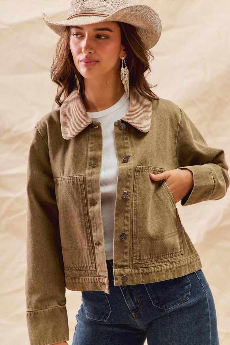 SO ME- WASHED TWILL JACKET-DENIM-OLIVE/BROWN