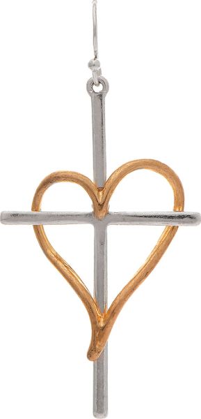 RAIN-TWO TONE HEART ON CROSS EARRINGS