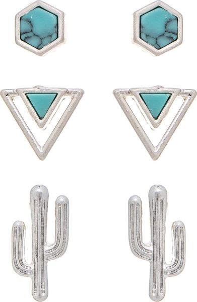 RAIN-TURQ SW CACTUS POST EARRING SET/3