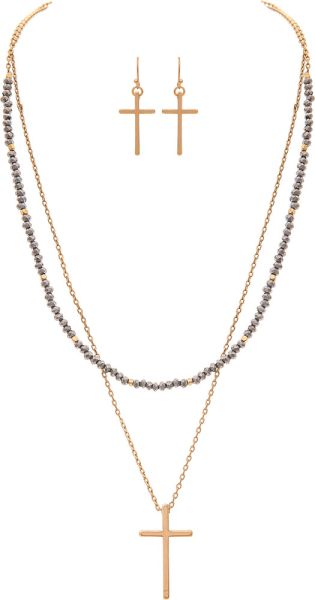 RAIN GY BEAD LAYERED CROSS NECKLACE SET