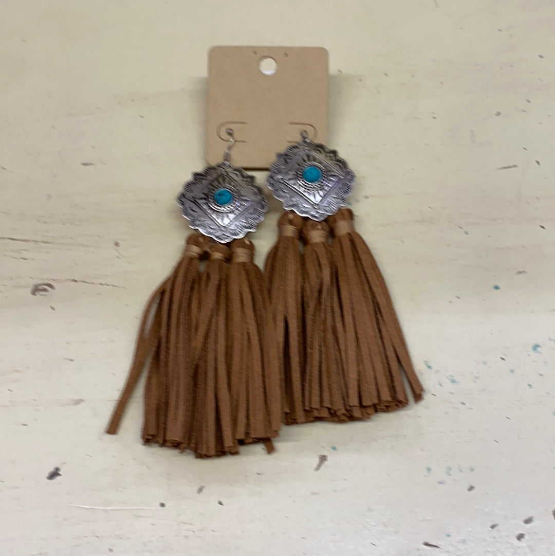 LONG LEATHER W/STONE EARRINGS