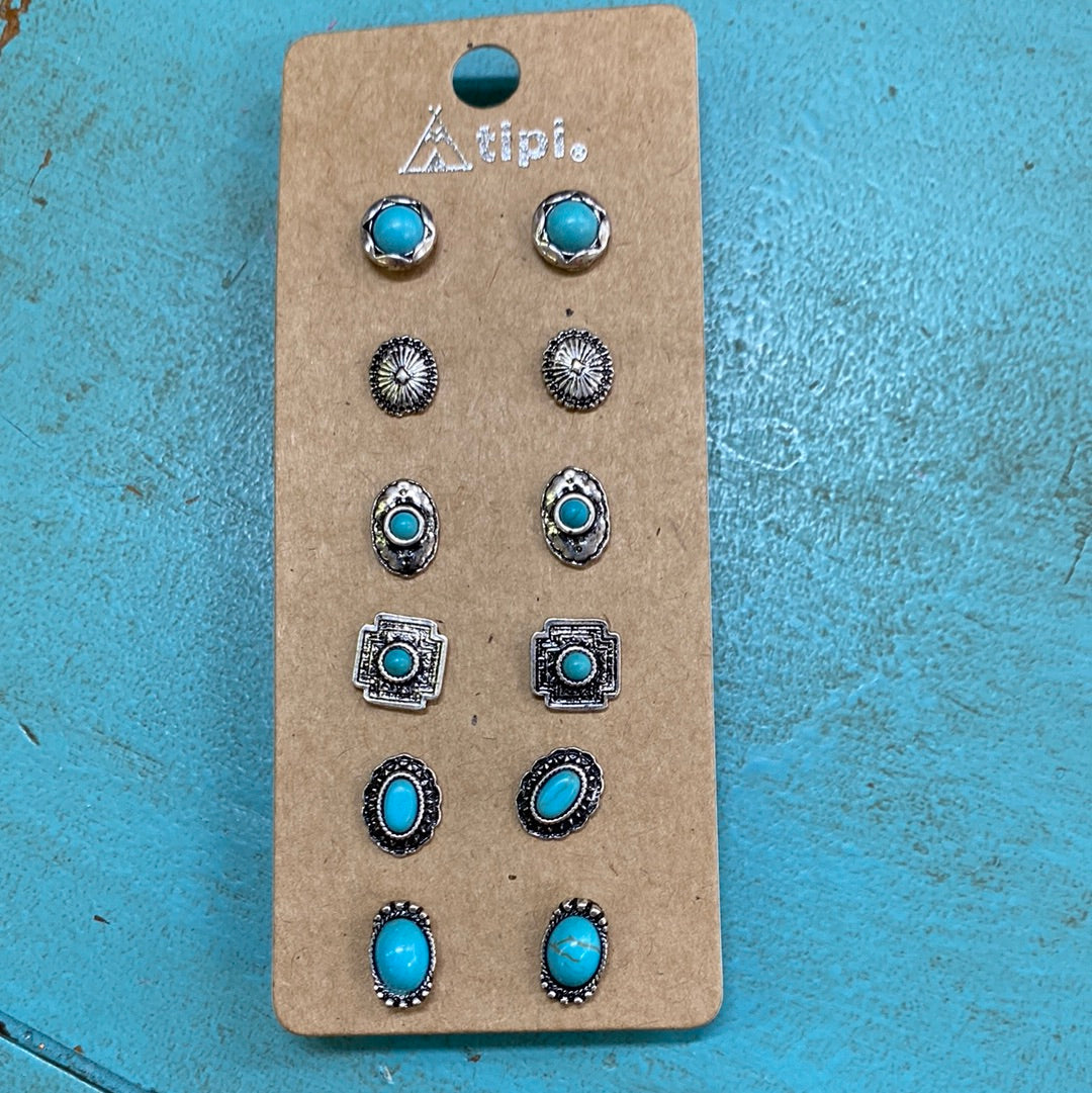 TIPI SILVER & TURQ STUD SET OF 6 /OVAL