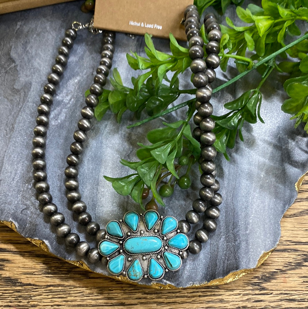 16' NAVAJO W/TURQ OVAL PENDANT NECKLACE