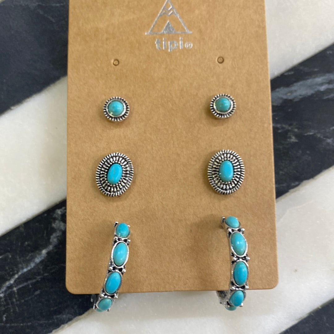 TIPI SET OF 3 EARRINGS/ROUND TURQ W/HOOP