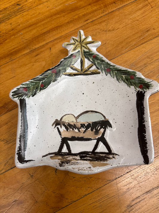 6"L STONEWARE BABY IN A MANGER DISH
