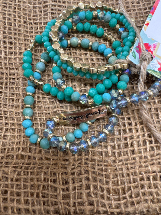 SET OF 6 TURQ /GOLD BEADED BRACELET-AMAZING GRACE+