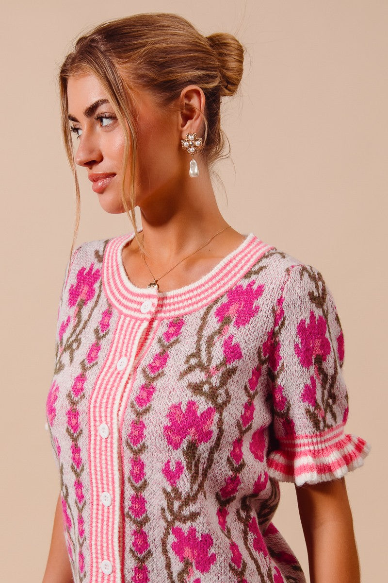SO ME- FLORAL BUTTON UP CARDIGAN W/ PUFF SLEEVES