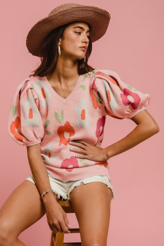 BIBI FLORAL PUFF SLEEVE SWEATER-BLUSH