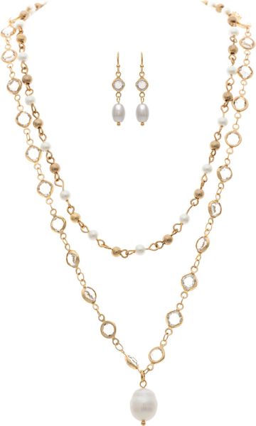 RAIN MIX FW/FAUX PEARL CRYSTAL NECKLACE-GOLD