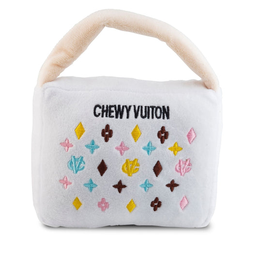 WHITE CHEWY VUITON HANDBAG DOG TOY