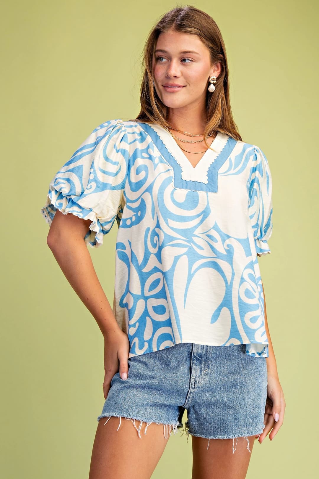 GIGIO V-NECK BLOUSE BLUE BALLOON SLEEVES