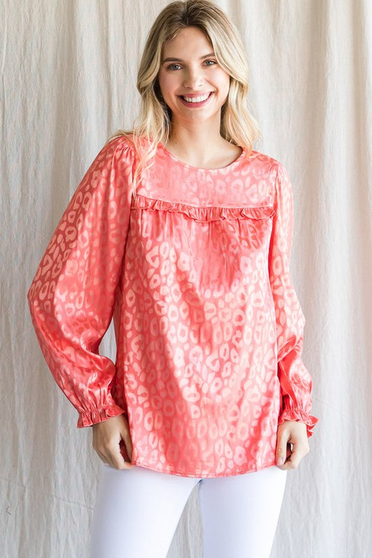 LEOPARD PRINT YOKE FILLED TOP-CORAL