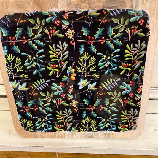 MANGO WOOD TRAY-LG  BLK W/ HOLLY BRANCH