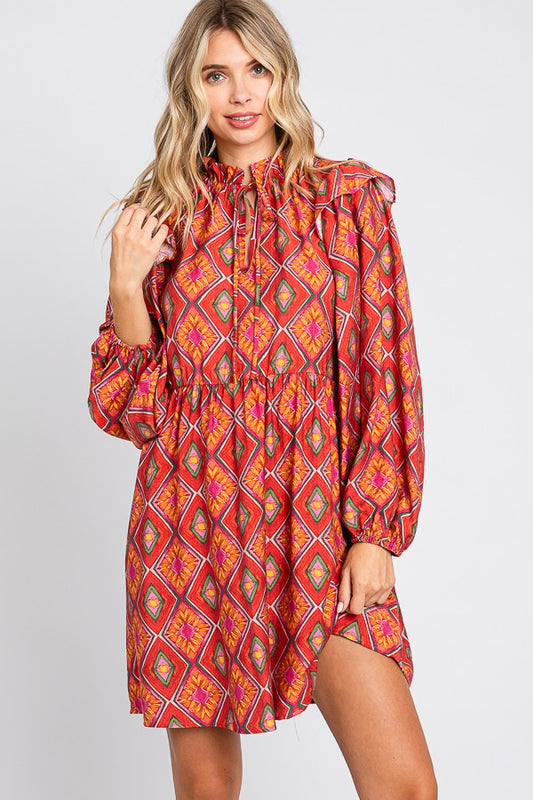 GEE GEE GEOMETRIC PRINT DRESS-RED MULTI