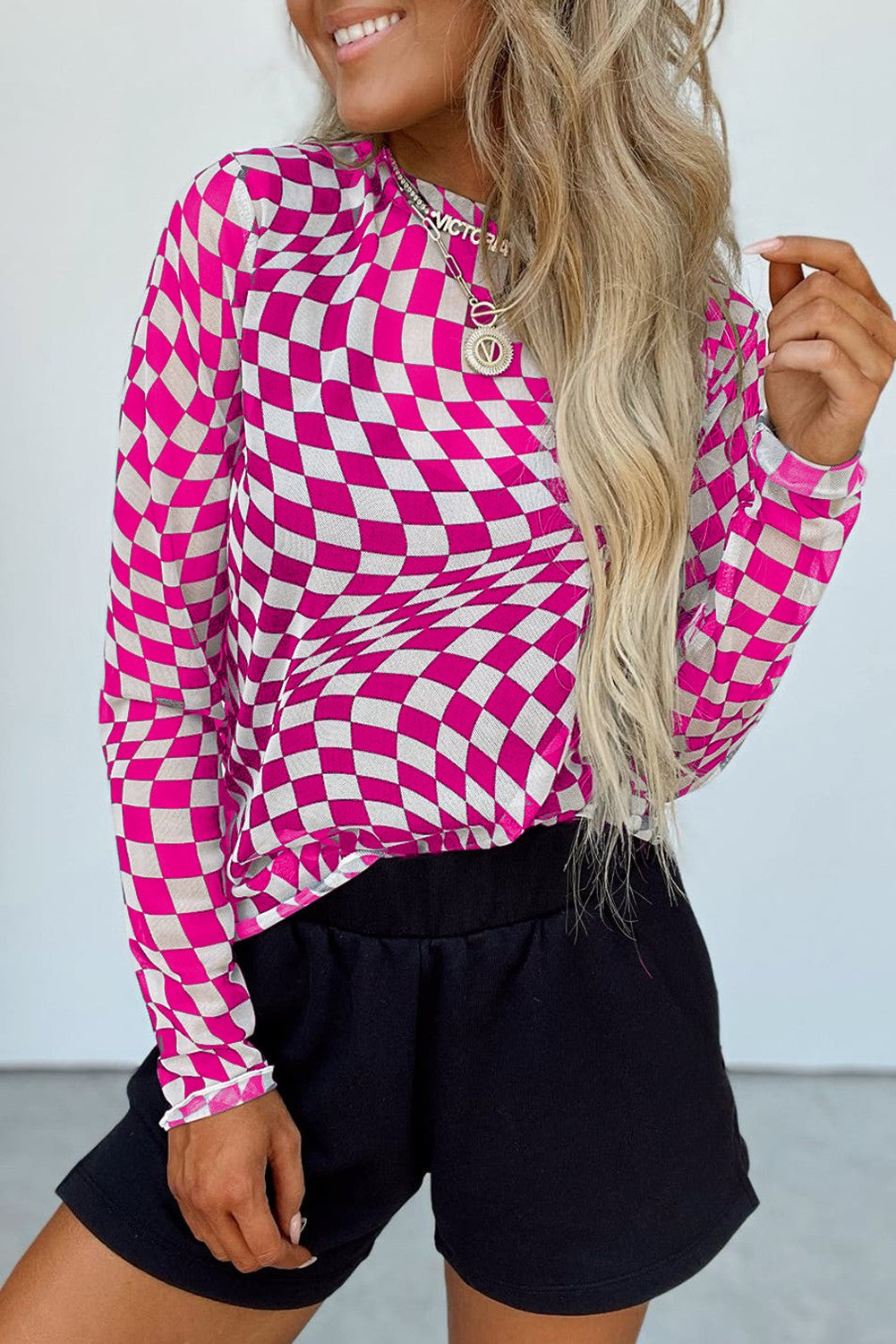Checkered Pattern Mesh Mock Neck Long Sleeve Top M