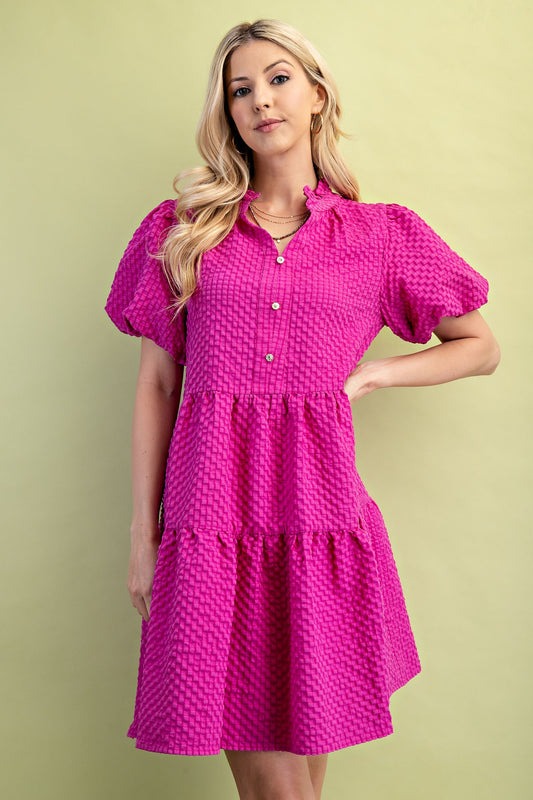 GIGIO SEERSUCKER PUFF SLEEVE DRESS-MAGENTA
