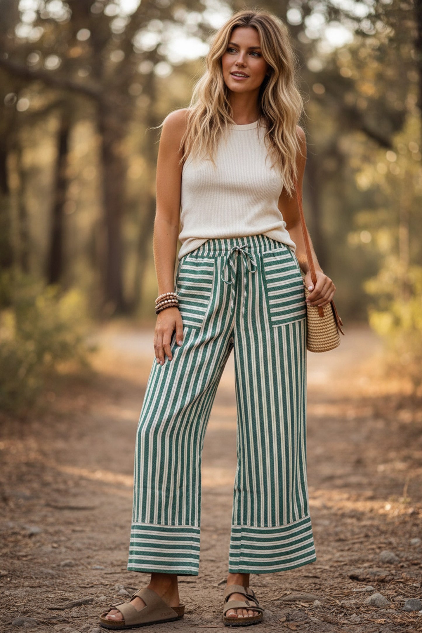 SEWN & SEEN GREEN/BEIGE/IVORY STRIPED PANTS