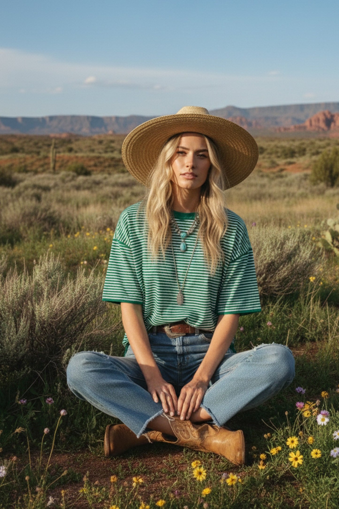 SEWN & SEEN OVERSIZE KNIT STRIPED TOP-GREEN/WHITE