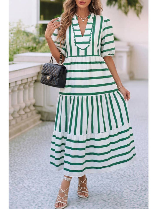 1ST WOMAN V NECK GREEN STRIPE LONG DRESS