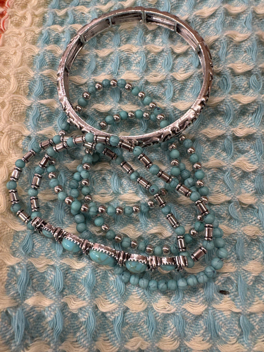 SET OF 5 SILVER/TURQ STRETCH BRACELET