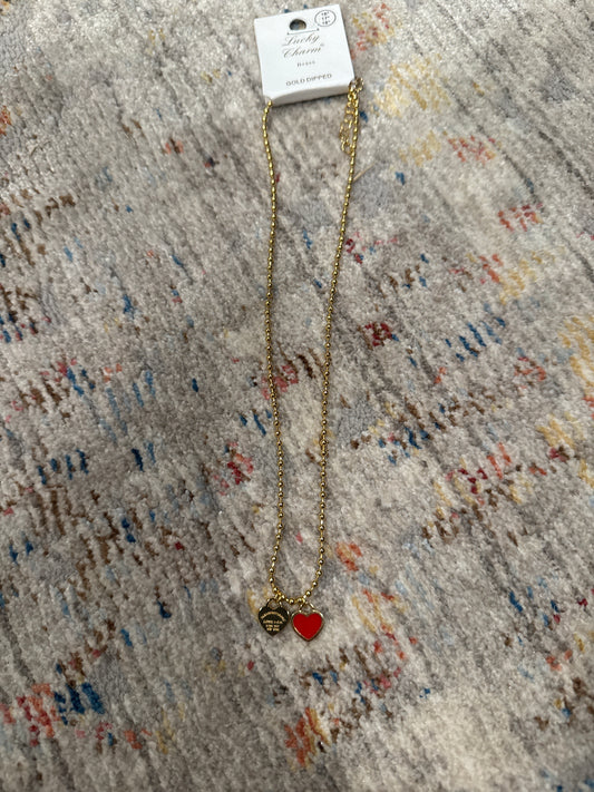 LUCKY CHARM GOLD NECKLACE W/RED HEART