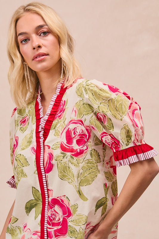 BIBI FLORAL PRINTED SS RUFFLED BLOUSE