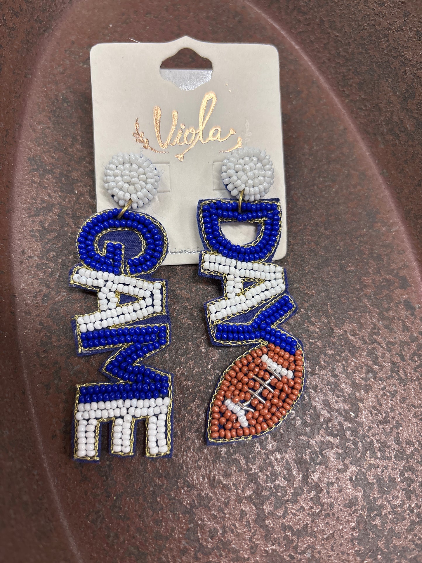GAME DAY BEADED EARRINGS-BLUE/WHITE FOOTBALL